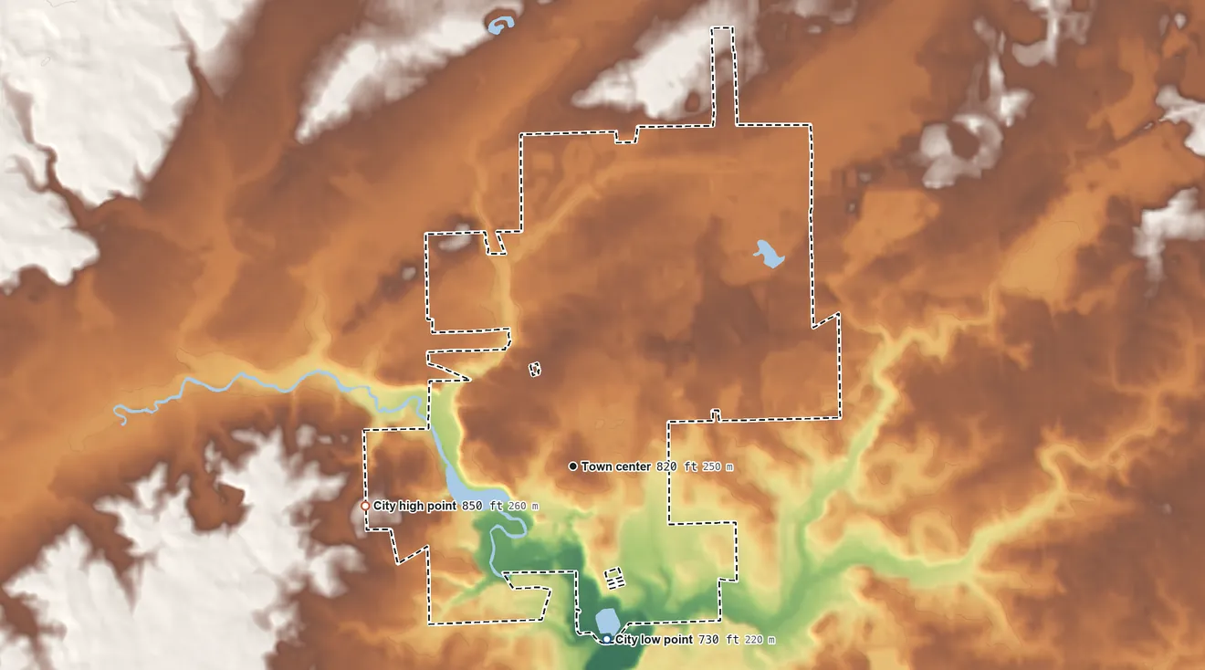 Topographic elevation map of Saline, Michigan, shaded from 730 ft on the south side to 850 ft on the west side