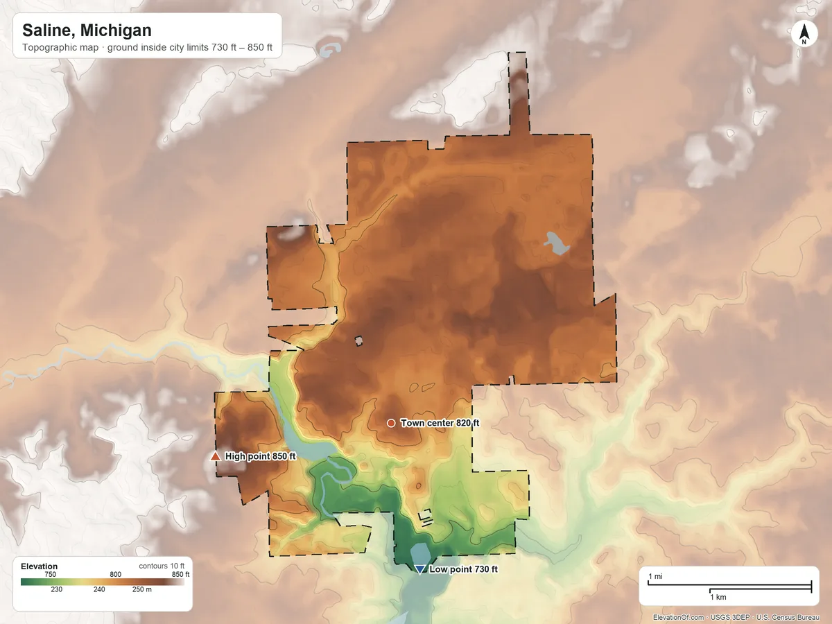 Topographic elevation map of Saline, Michigan, shaded from 730 ft on the south side to 850 ft on the west side