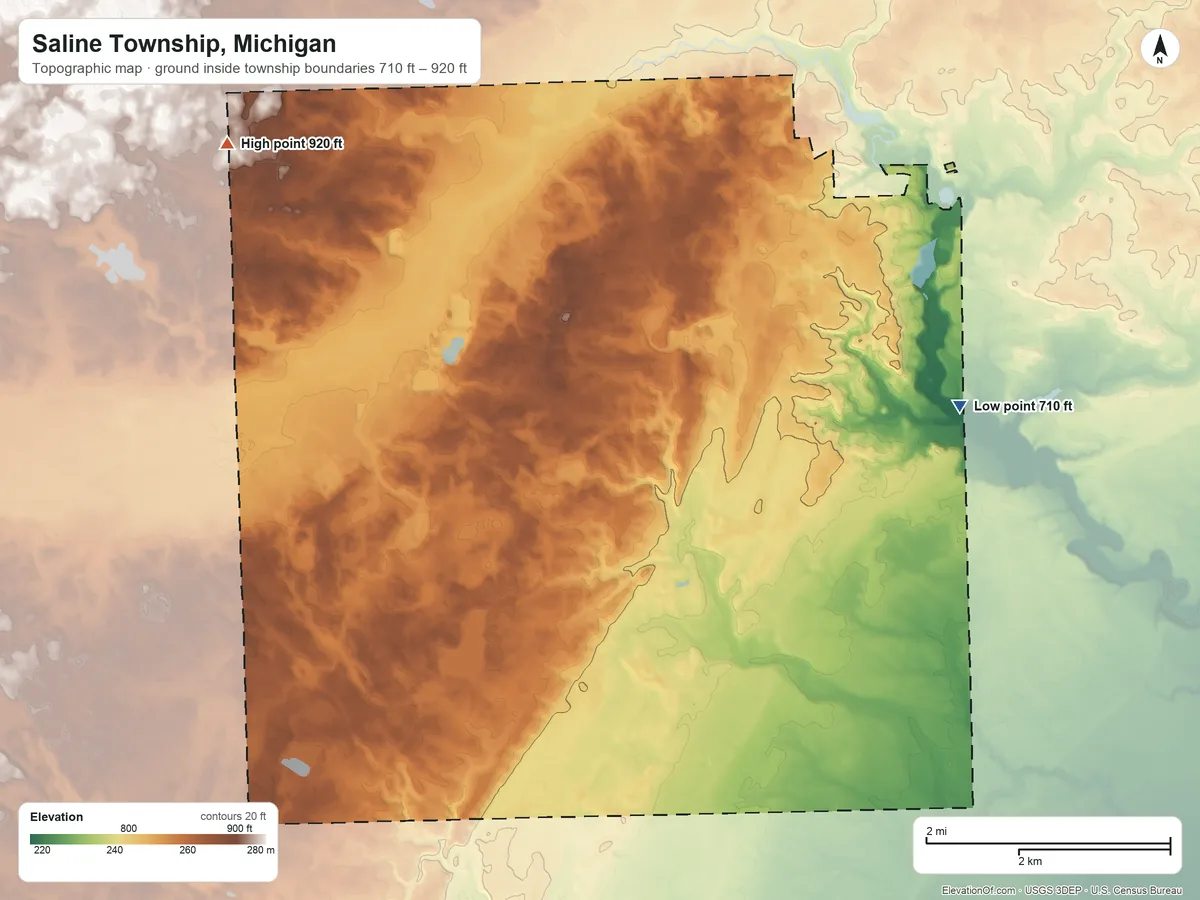 Topographic elevation map of Saline Township, Michigan, shaded from 710 ft on the east side to 920 ft on the northwest side
