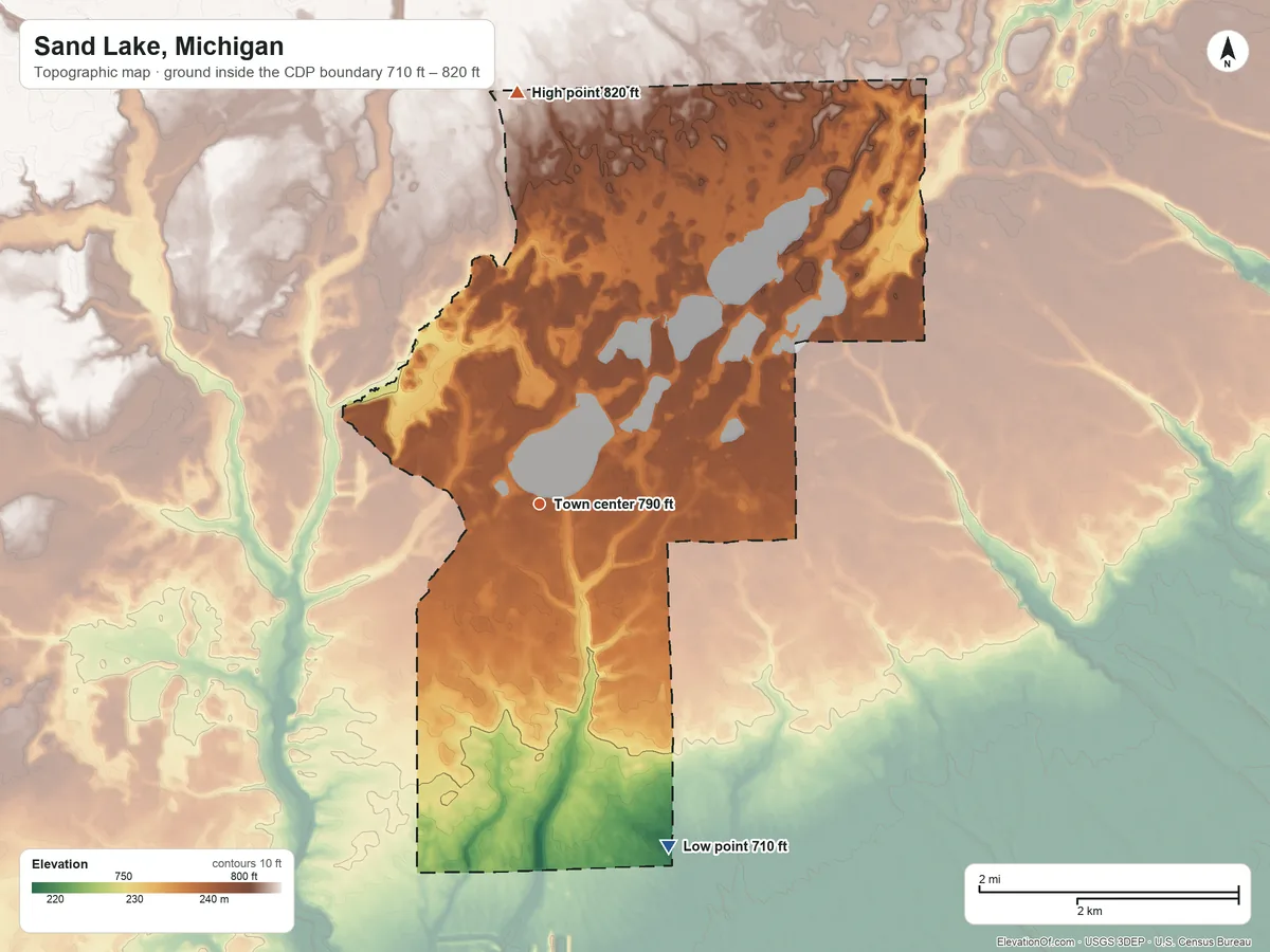 Topographic elevation map of Sand Lake, Michigan, shaded from 710 ft on the south side to 820 ft on the north side