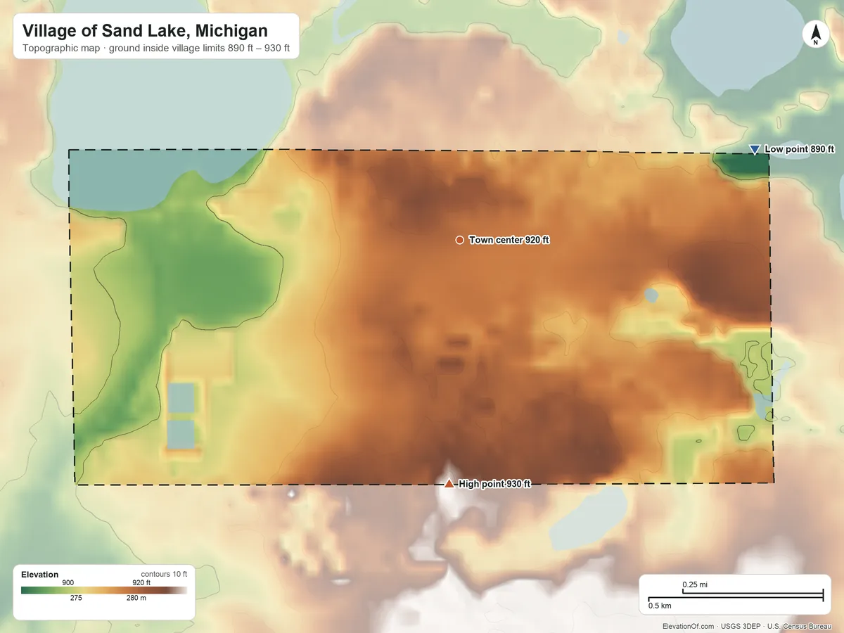 Topographic elevation map of Village of Sand Lake, Michigan, shaded from 890 ft on the east side to 930 ft on the south side