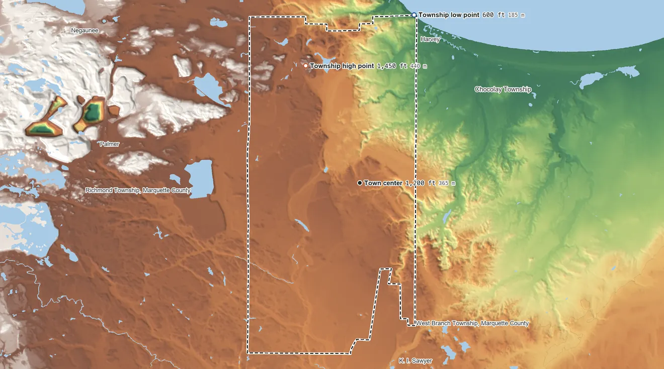 Topographic elevation map of Sands Township, Michigan, shaded from 600 ft on the north side to 1,450 ft on the northwest side