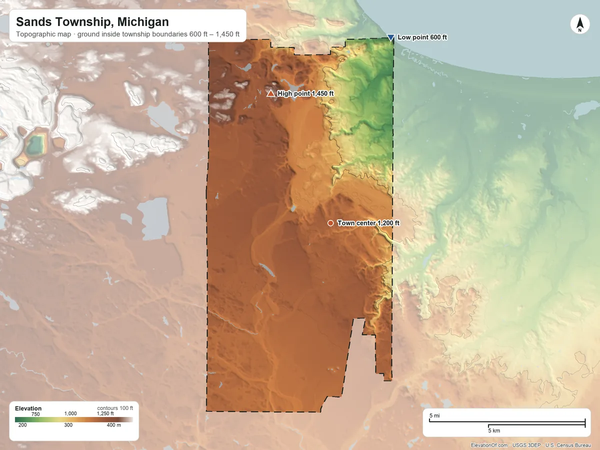 Topographic elevation map of Sands Township, Michigan, shaded from 600 ft on the north side to 1,450 ft on the northwest side