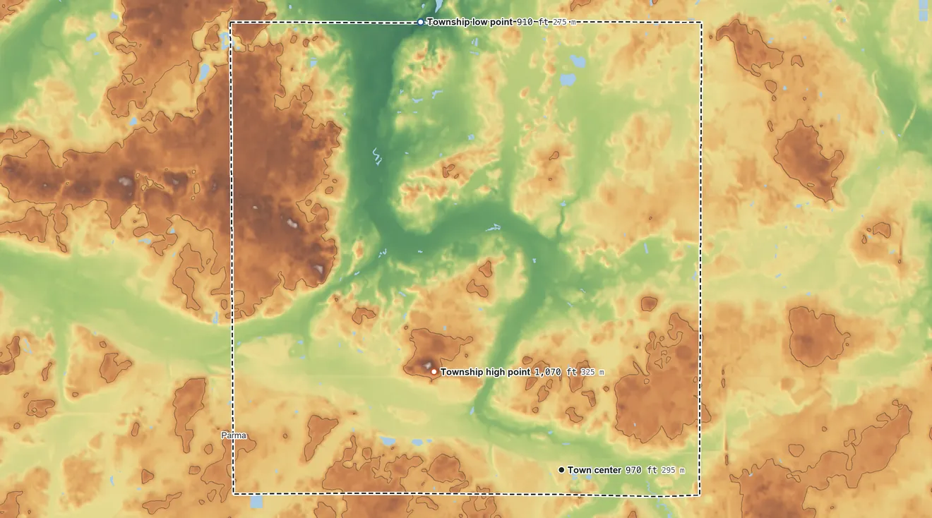 Topographic elevation map of Sandstone Township, Michigan, shaded from 910 ft on the north side to 1,070 ft on the northwest side