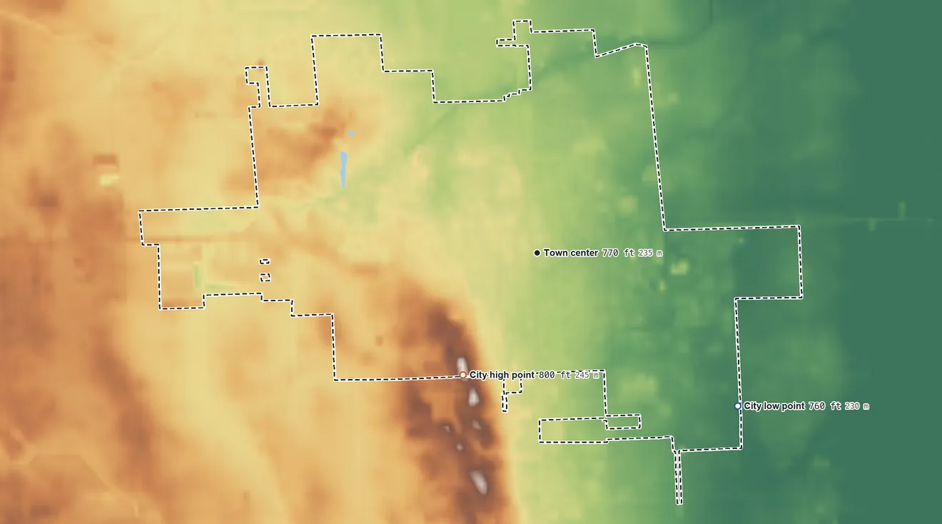 Topographic elevation map of Sandusky, Michigan, shaded from 760 ft on the southeast side to 800 ft on the southwest side