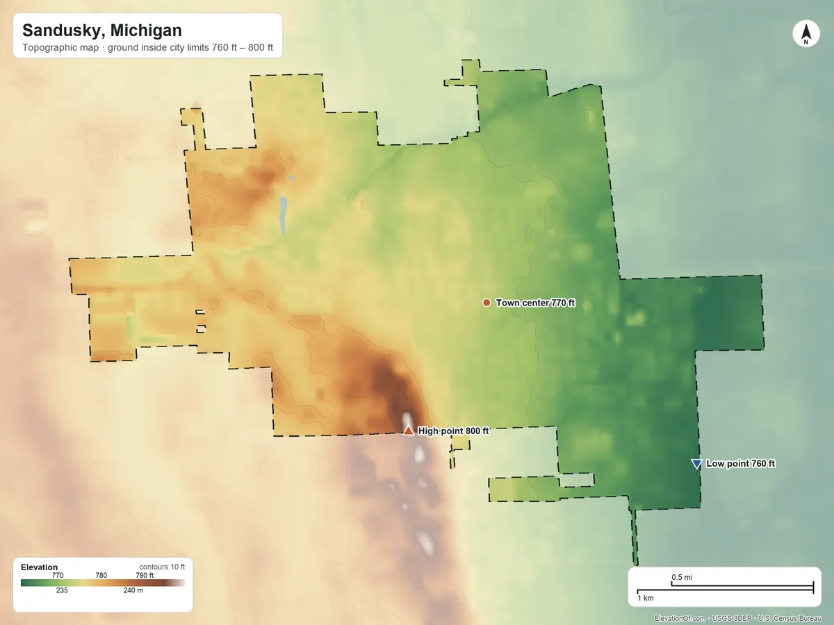 Topographic elevation map of Sandusky, Michigan, shaded from 760 ft on the southeast side to 800 ft on the southwest side