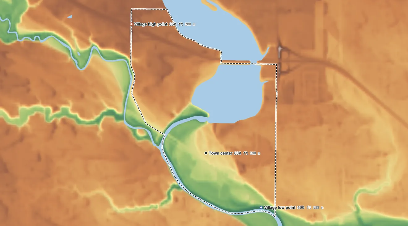 Topographic elevation map of Sanford, Michigan, shaded from 600 ft on the southeast side to 660 ft on the northwest side