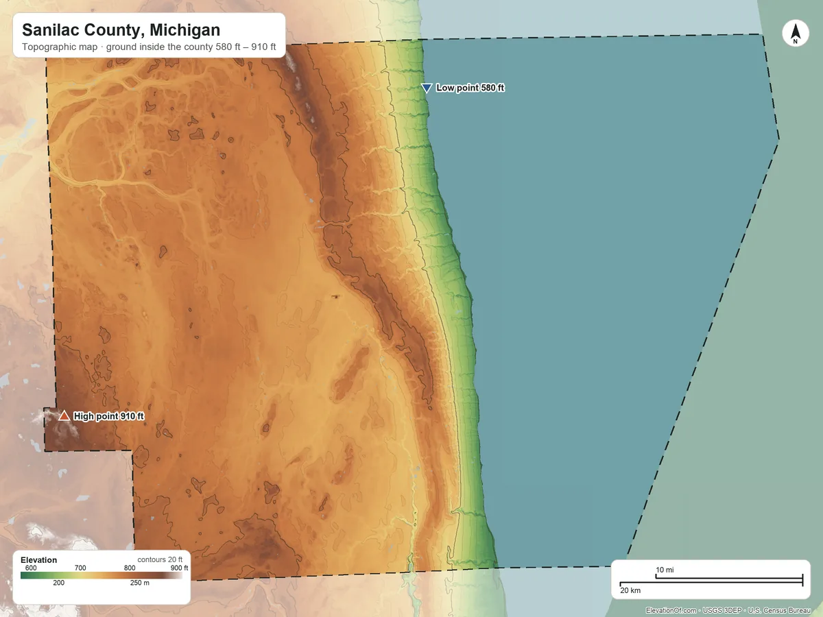 Topographic elevation map of Sanilac County, Michigan, shaded from 580 ft on the north side to 910 ft on the west side
