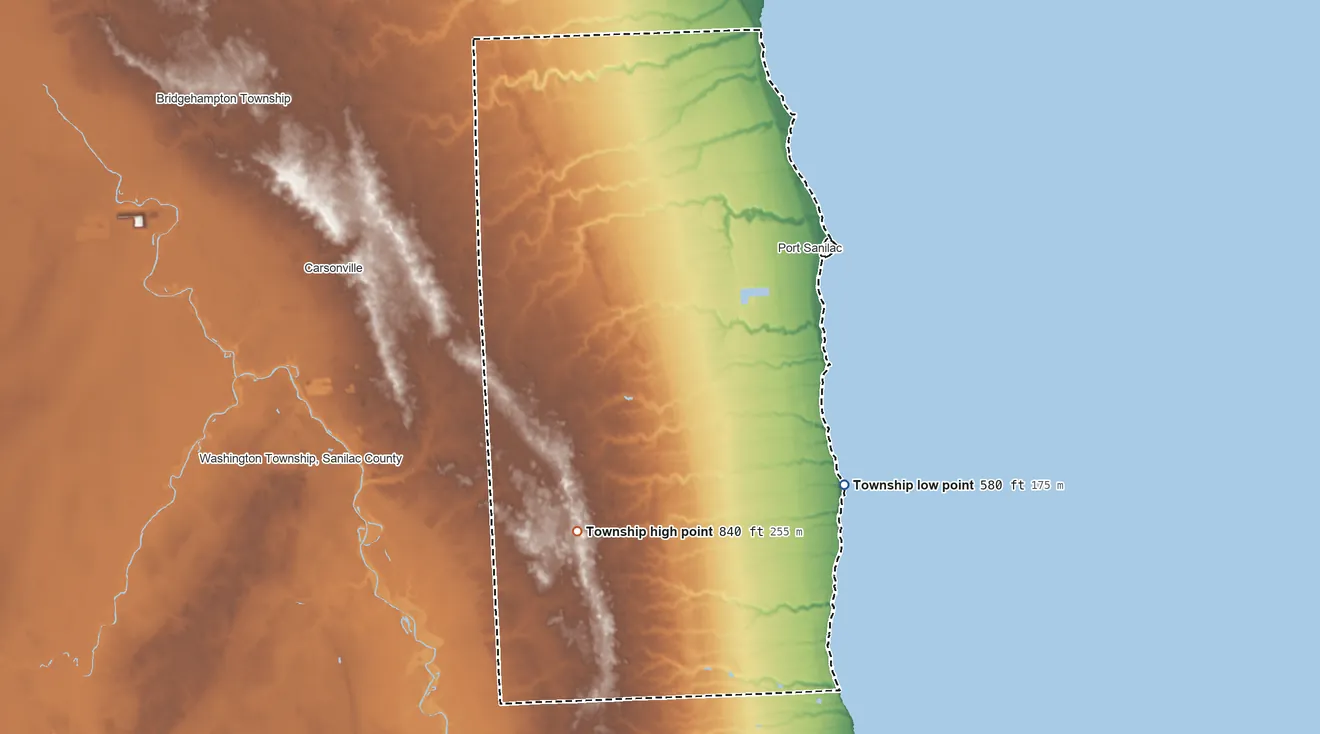Topographic elevation map of Sanilac Township, Michigan, shaded from 580 ft on the southeast side to 840 ft on the southwest side