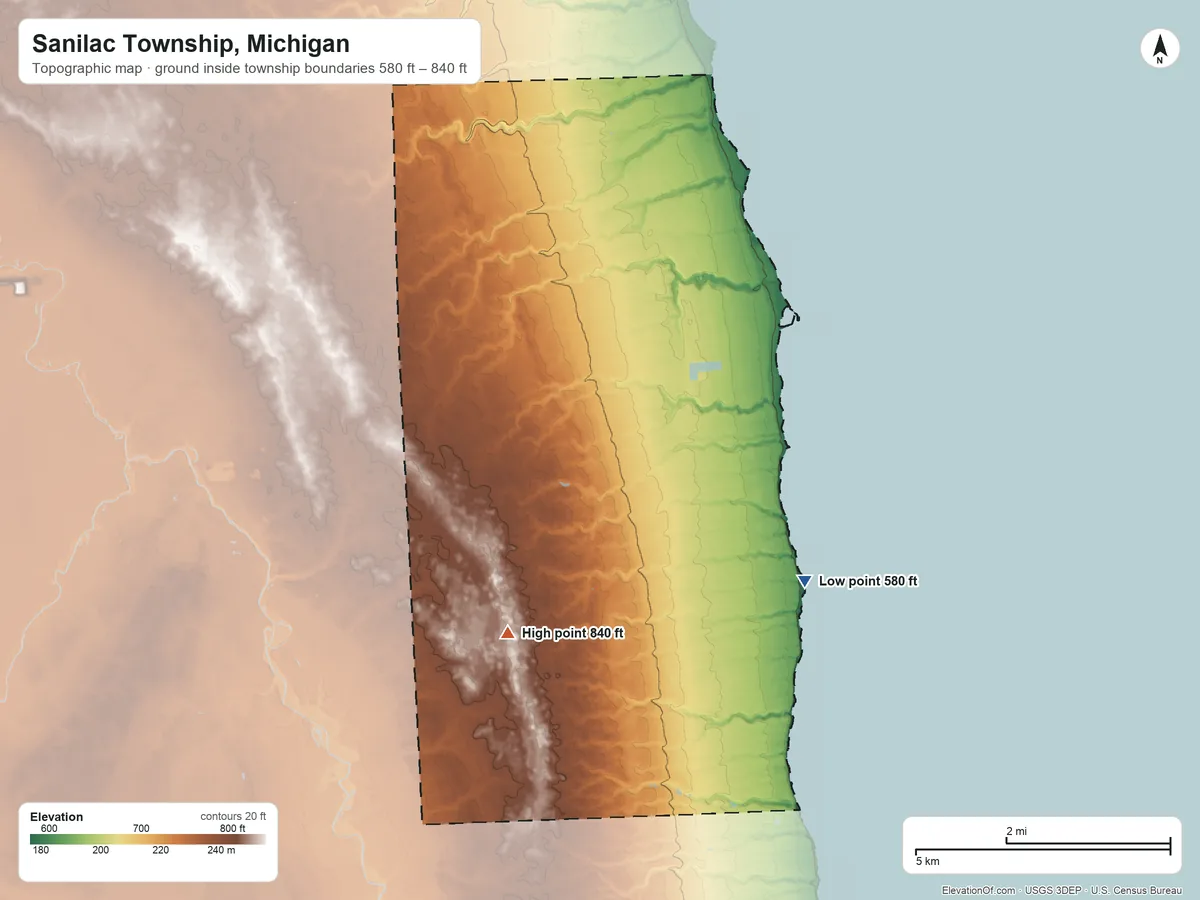 Topographic elevation map of Sanilac Township, Michigan, shaded from 580 ft on the southeast side to 840 ft on the southwest side