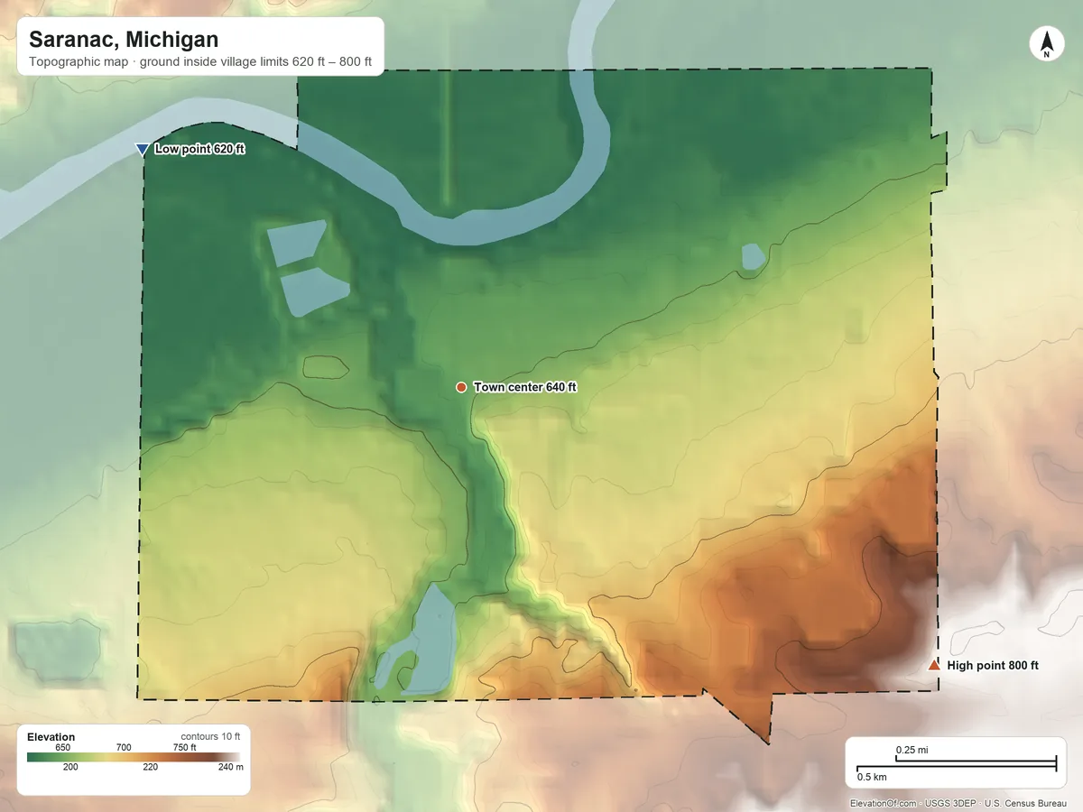 Topographic elevation map of Saranac, Michigan, shaded from 620 ft on the northwest side to 800 ft on the southeast side
