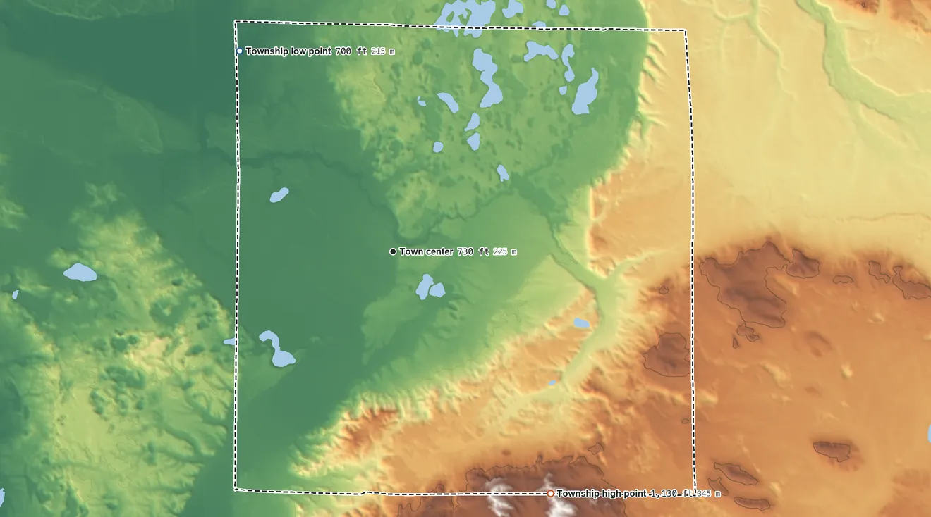 Topographic elevation map of Sauble Township, Michigan, shaded from 700 ft on the northwest side to 1,130 ft on the southeast side
