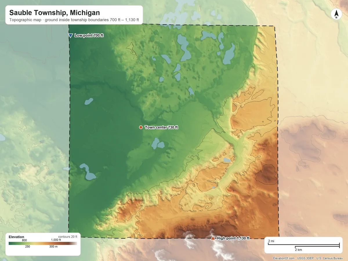 Topographic elevation map of Sauble Township, Michigan, shaded from 700 ft on the northwest side to 1,130 ft on the southeast side