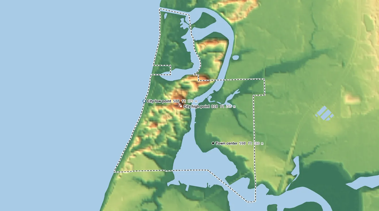 Topographic elevation map of Saugatuck, Michigan, shaded from 580 ft on the northwest side to 810 ft on Mount Baldhead