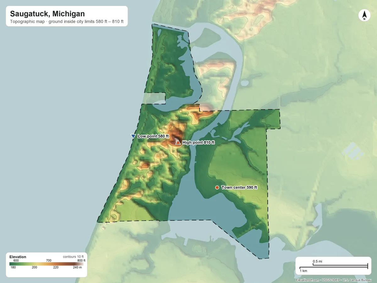Topographic elevation map of Saugatuck, Michigan, shaded from 580 ft on the northwest side to 810 ft on Mount Baldhead