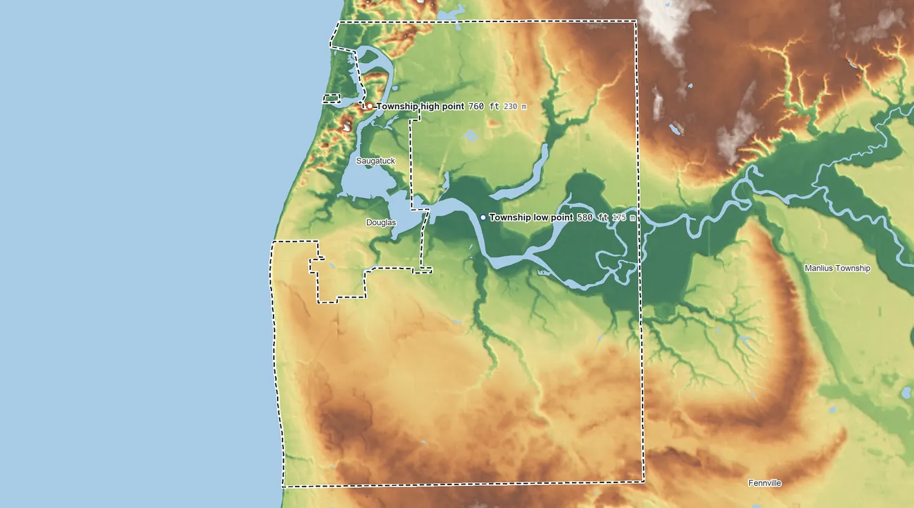 Topographic elevation map of Saugatuck Township, Michigan, shaded from 580 ft near the middle to 760 ft on the northwest side