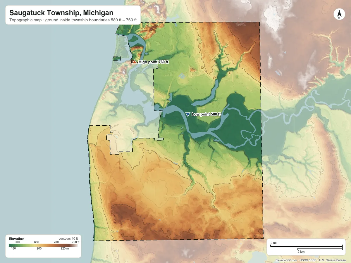 Topographic elevation map of Saugatuck Township, Michigan, shaded from 580 ft near the middle to 760 ft on the northwest side