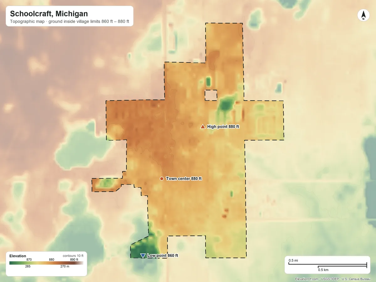 Topographic elevation map of Schoolcraft, Michigan, shaded from 860 ft on the south side to 880 ft on the northeast side
