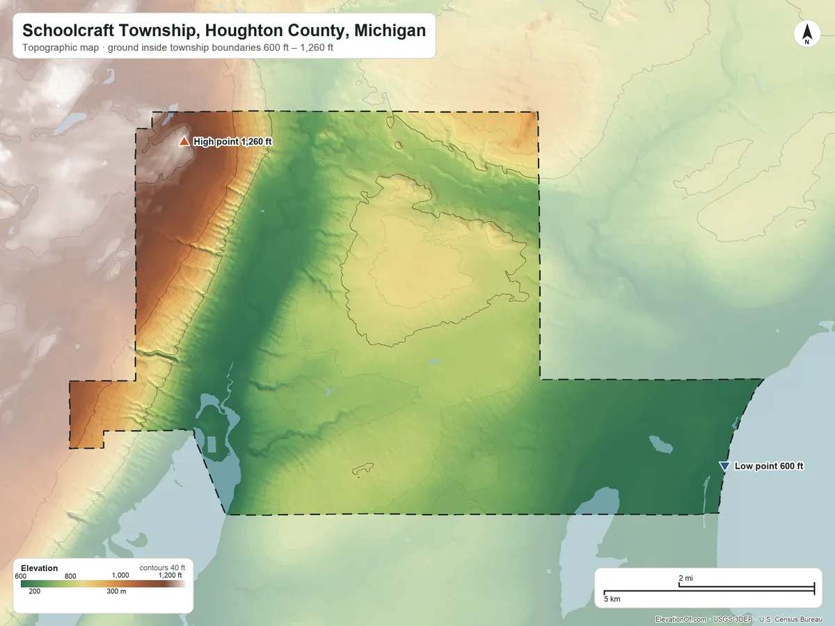 Topographic elevation map of Schoolcraft Township, Houghton County, Michigan, shaded from 600 ft on the east side to 1,260 ft on the north side