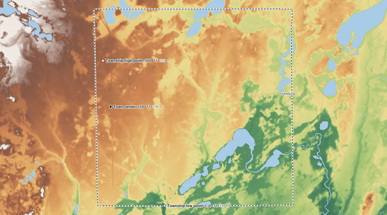 Topographic elevation map of Schoolcraft Township, Michigan, shaded from 830 ft on the southeast side to 900 ft on the north side
