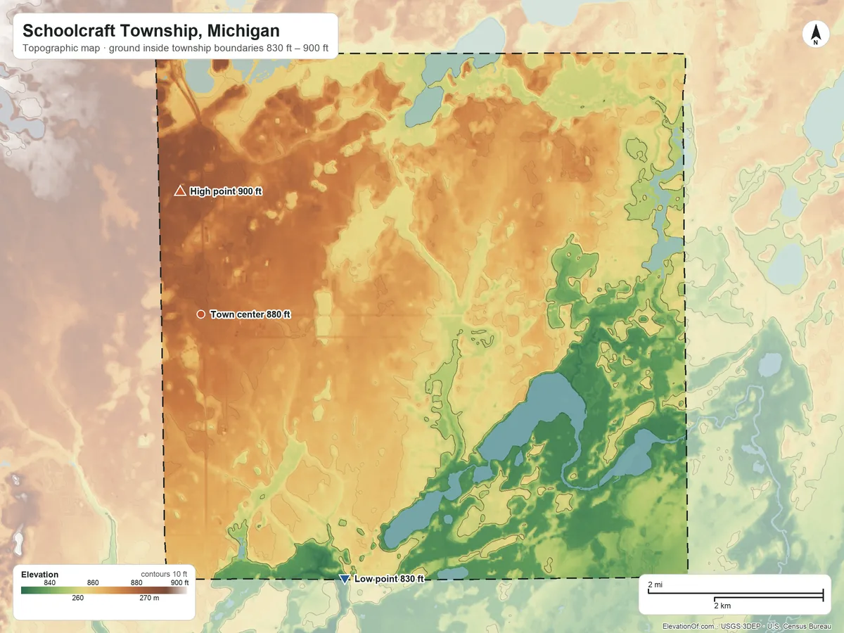 Topographic elevation map of Schoolcraft Township, Michigan, shaded from 830 ft on the southeast side to 900 ft on the north side