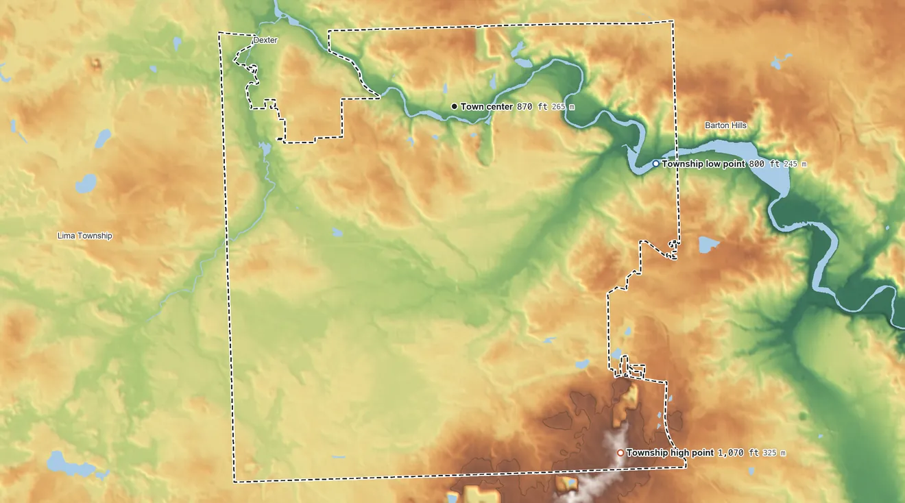 Topographic elevation map of Scio Township, Michigan, shaded from 800 ft on the east side to 1,070 ft on the southeast side