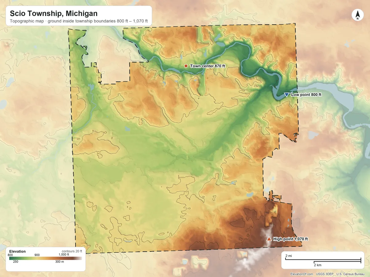 Topographic elevation map of Scio Township, Michigan, shaded from 800 ft on the east side to 1,070 ft on the southeast side
