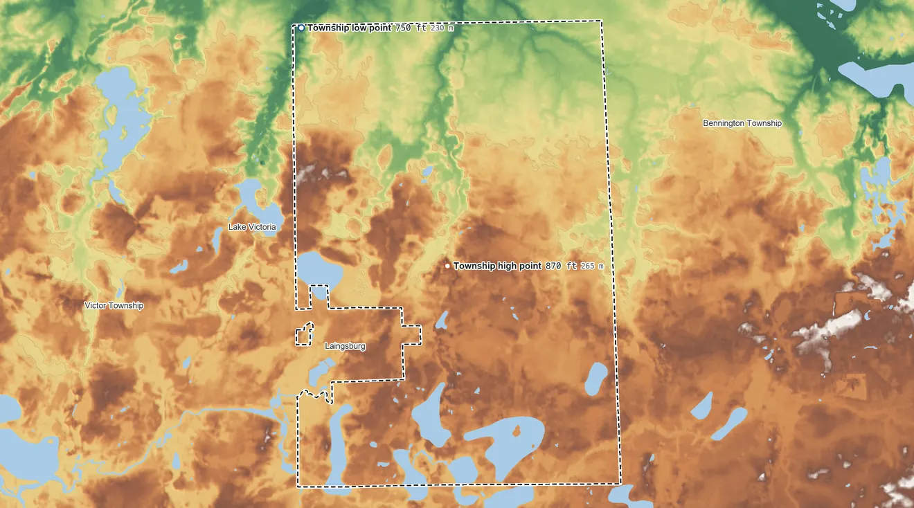 Topographic elevation map of Sciota Township, Michigan, shaded from 750 ft on the northwest side to 870 ft near the middle