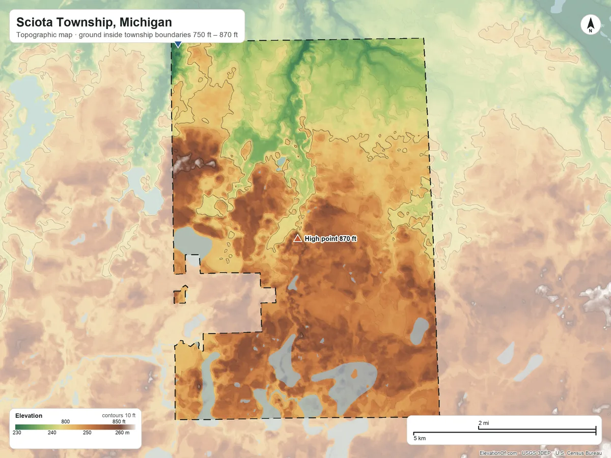 Topographic elevation map of Sciota Township, Michigan, shaded from 750 ft on the northwest side to 870 ft near the middle