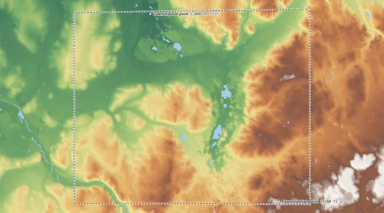 Topographic elevation map of Scipio Township, Michigan, shaded from 1,000 ft on the northwest side to 1,200 ft on the southeast side