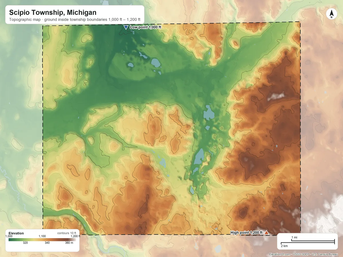 Topographic elevation map of Scipio Township, Michigan, shaded from 1,000 ft on the northwest side to 1,200 ft on the southeast side