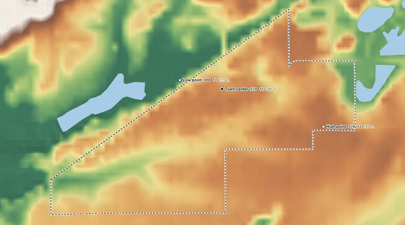 Topographic elevation map of Scotts, Michigan, shaded from 900 ft on the west side to 920 ft on the east side