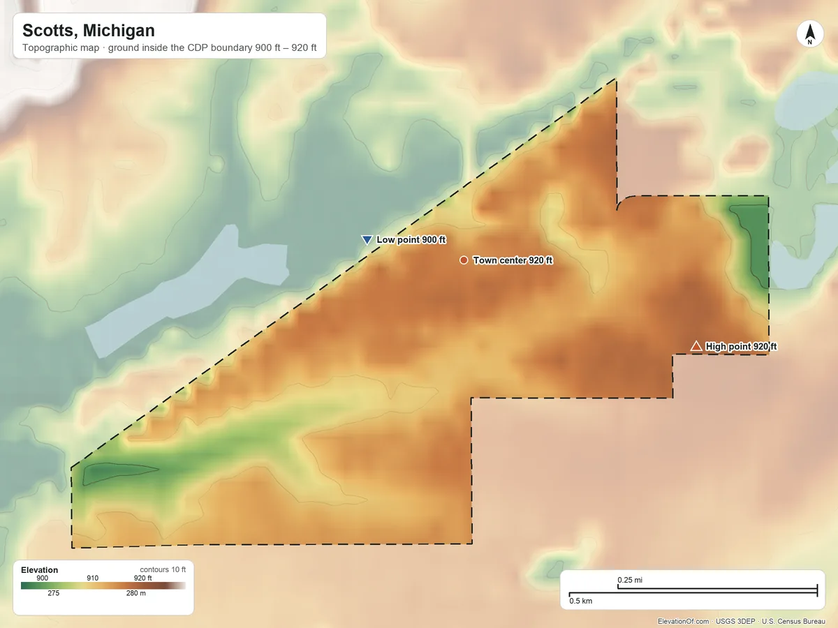 Topographic elevation map of Scotts, Michigan, shaded from 900 ft on the west side to 920 ft on the east side
