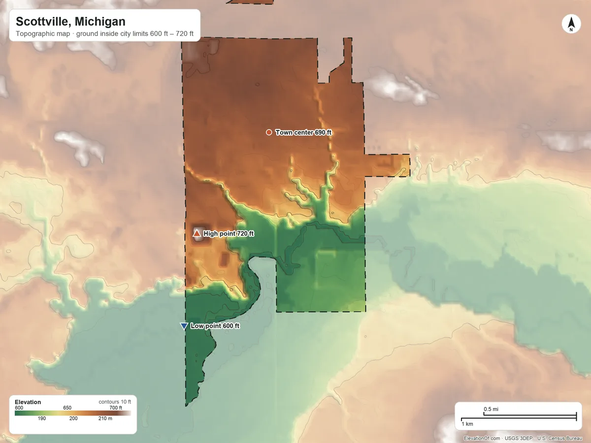 Topographic elevation map of Scottville, Michigan, shaded from 600 ft on the southwest side to 720 ft on the southwest side