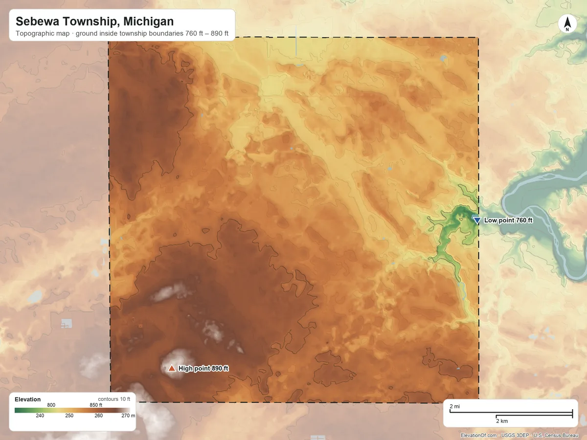 Topographic elevation map of Sebewa Township, Michigan, shaded from 760 ft on the east side to 890 ft on the southwest side