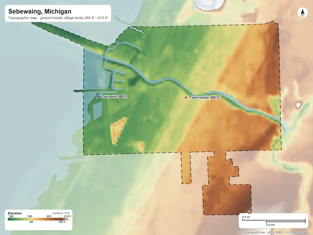 Topographic elevation map of Sebewaing, Michigan, shaded from 580 ft on the west side to 610 ft on the southeast side
