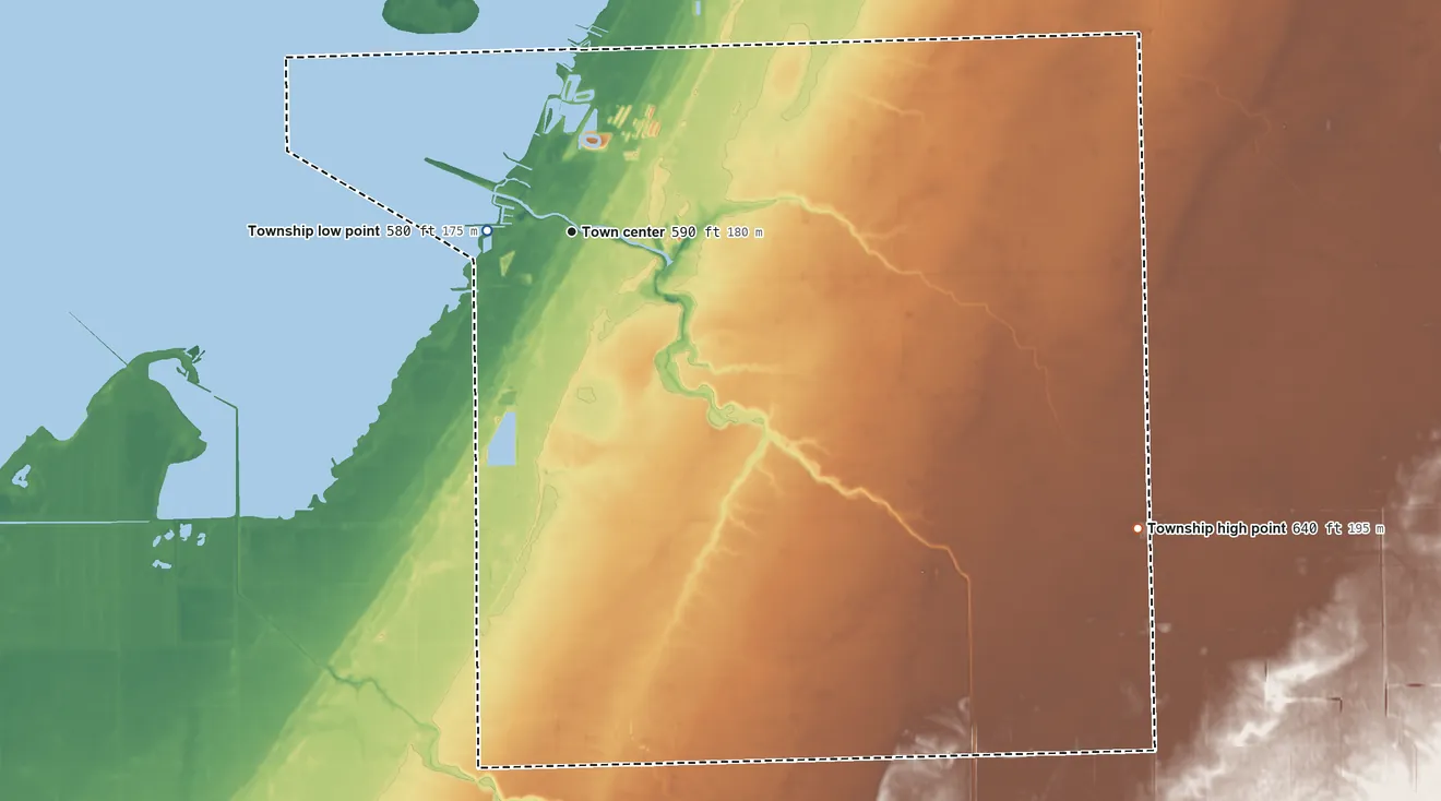 Topographic elevation map of Sebewaing Township, Michigan, shaded from 580 ft near the middle to 640 ft on the southeast side