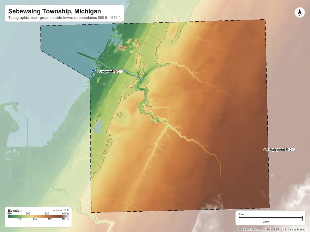 Topographic elevation map of Sebewaing Township, Michigan, shaded from 580 ft near the middle to 640 ft on the southeast side