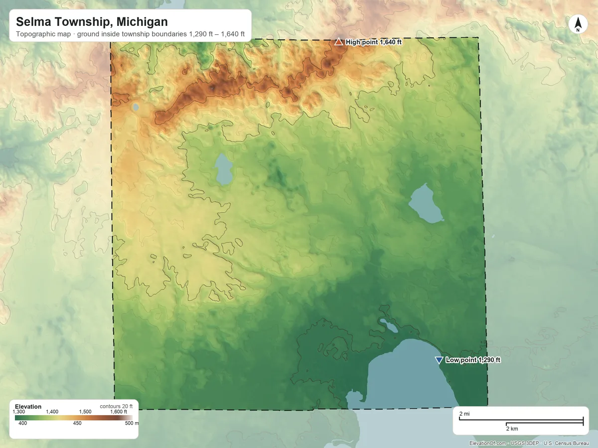 Topographic elevation map of Selma Township, Michigan, shaded from 1,290 ft on the southeast side to 1,640 ft on the north side