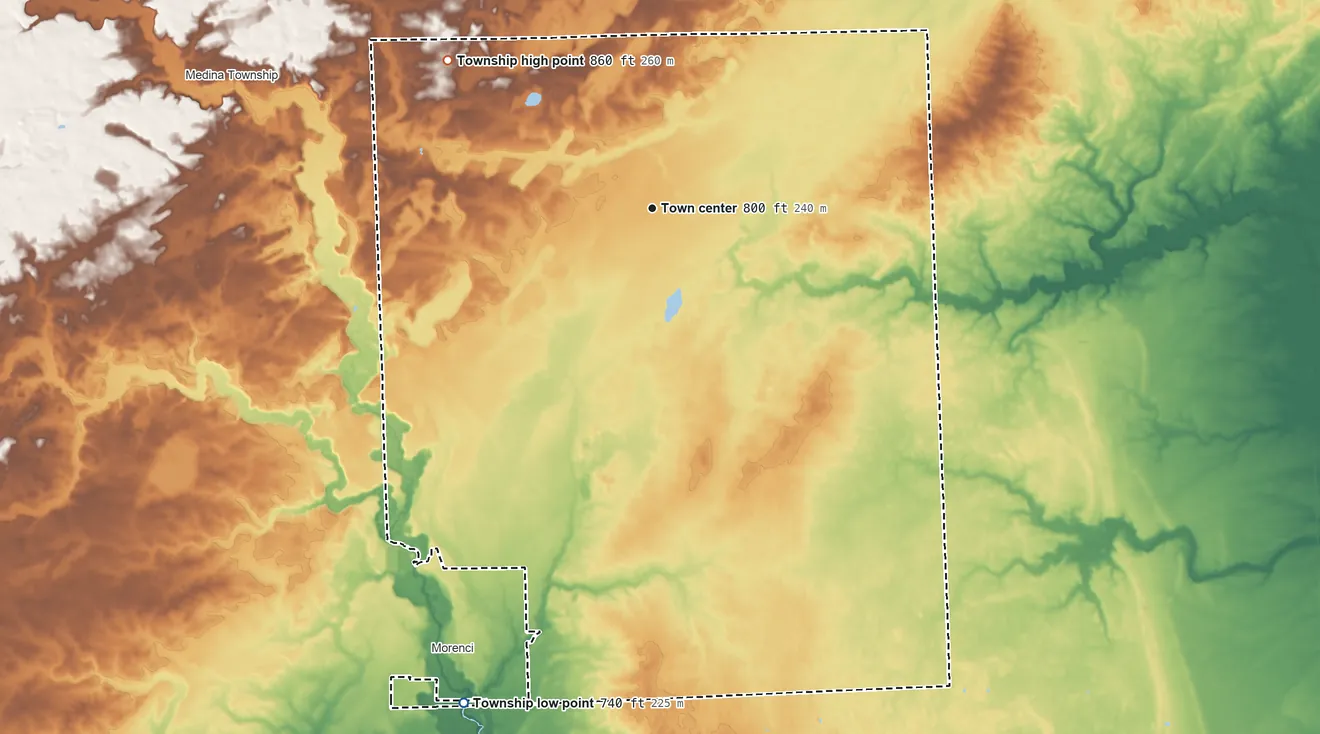 Topographic elevation map of Seneca Township, Michigan, shaded from 740 ft on the south side to 860 ft on the northwest side