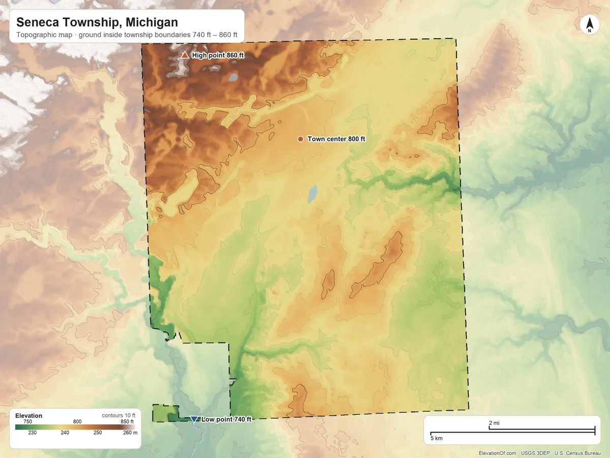 Topographic elevation map of Seneca Township, Michigan, shaded from 740 ft on the south side to 860 ft on the northwest side