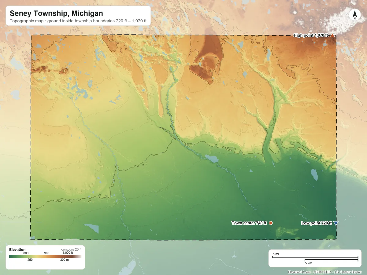 Topographic elevation map of Seney Township, Michigan, shaded from 720 ft on the east side to 1,070 ft on the north side