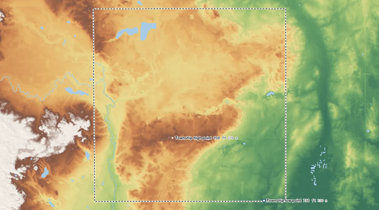 Topographic elevation map of Seville Township, Michigan, shaded from 750 ft on the southeast side to 890 ft near the middle