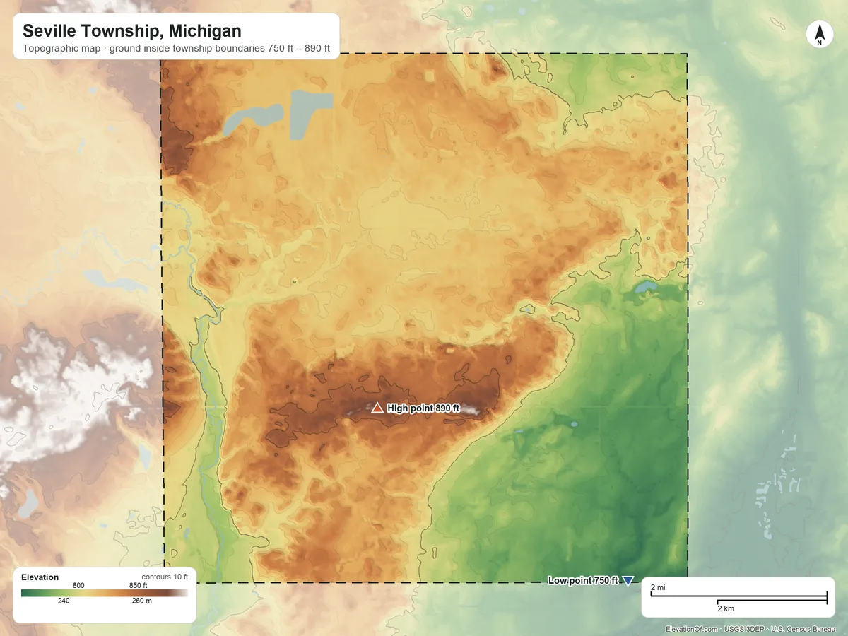 Topographic elevation map of Seville Township, Michigan, shaded from 750 ft on the southeast side to 890 ft near the middle