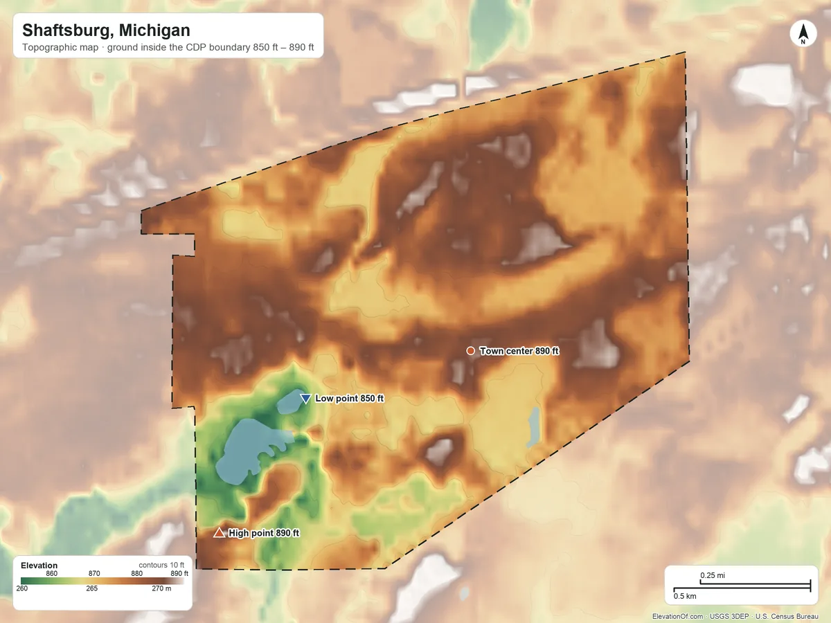 Topographic elevation map of Shaftsburg, Michigan, shaded from 850 ft on the west side to 890 ft on the southwest side