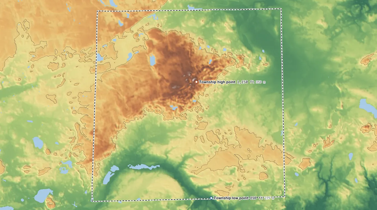 Topographic elevation map of Sharon Township, Michigan, shaded from 890 ft on the south side to 1,150 ft on the north side