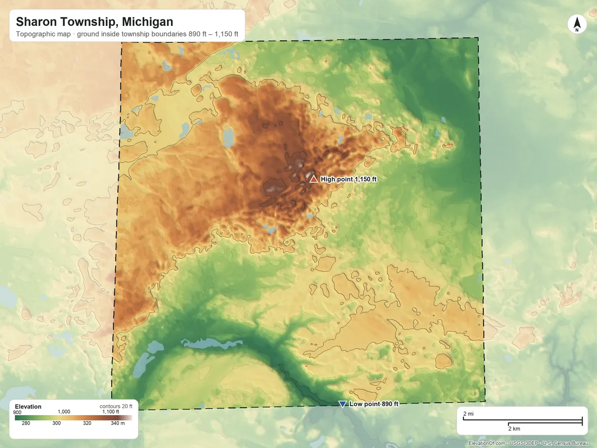 Topographic elevation map of Sharon Township, Michigan, shaded from 890 ft on the south side to 1,150 ft on the north side