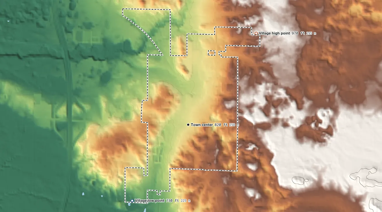 Topographic elevation map of Shelby, Michigan, shaded from 730 ft on the southwest side to 970 ft on the northeast side