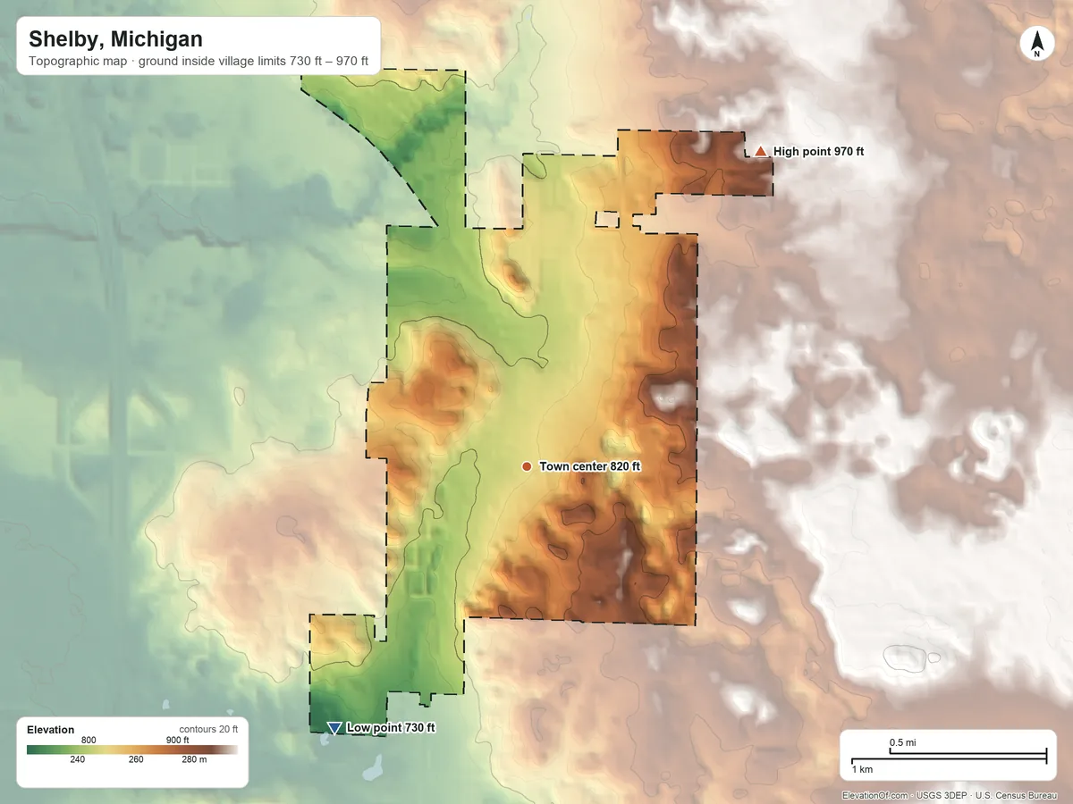 Topographic elevation map of Shelby, Michigan, shaded from 730 ft on the southwest side to 970 ft on the northeast side