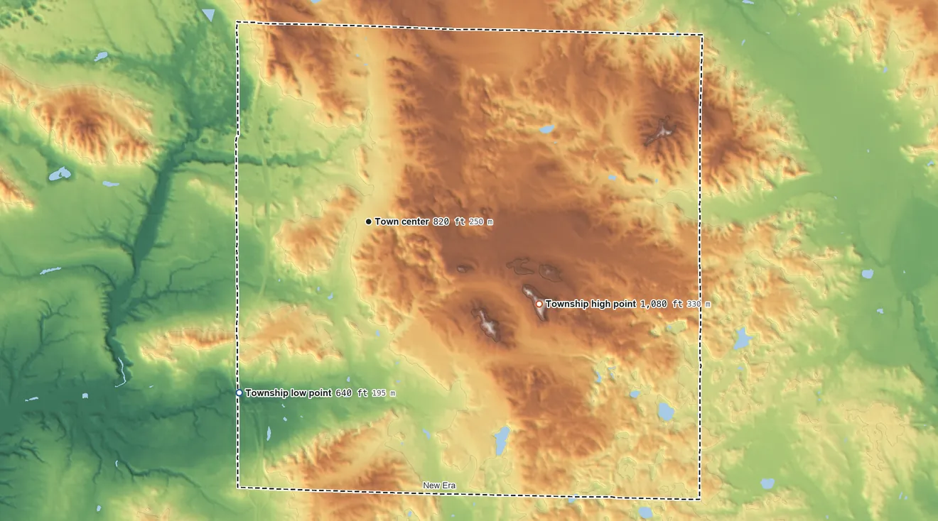 Topographic elevation map of Shelby Township, Oceana County, Michigan, shaded from 640 ft on the southwest side to 1,080 ft on the southeast side